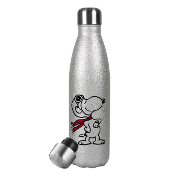 Snoopy ο πιλότος, Metallic Glitter Silver Thermos Flask (Stainless steel), double-walled, 500ml