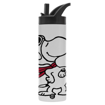 Snoopy ο πιλότος, Μεταλλικό παγούρι θερμός με καλαμάκι & χειρολαβή, ανοξείδωτο ατσάλι (Stainless steel 304), διπλού τοιχώματος, 600ml