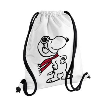 Snoopy ο πιλότος, Τσάντα πλάτης πουγκί GYMBAG λευκή, με τσέπη (40x48cm) & χονδρά κορδόνια