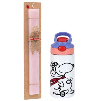 Snoopy ο πιλότος, Easter Set, Children's thermal stainless steel water bottle with safety straw, pink/purple (350ml) & Easter scented flat candle (30cm) (PINK)