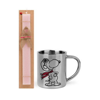 Snoopy ο πιλότος, Easter Set, metallic thermal cup (300ml) & aromatic flat Easter candle (30cm) (PINK)