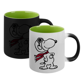 Snoopy ο πιλότος, Κούπα Μαγική εσωτερικό πράσινο, κεραμική 330ml που αλλάζει χρώμα με το ζεστό ρόφημα