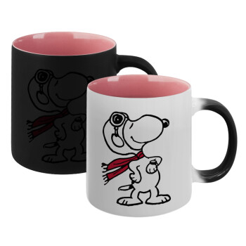 Snoopy ο πιλότος, Κούπα Μαγική εσωτερικό ΡΟΖ, κεραμική 330ml που αλλάζει χρώμα με το ζεστό ρόφημα