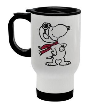 Snoopy ο πιλότος, Stainless steel travel mug with lid, double wall white 450ml