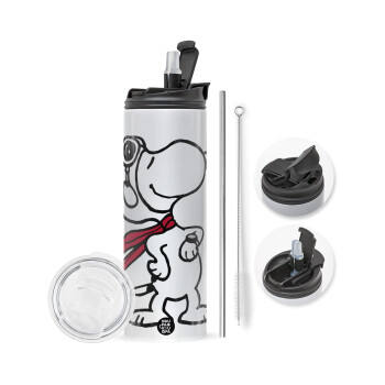 Snoopy ο πιλότος, Travel Tumbler θερμό με διπλό καπάκι, μεταλλικό καλαμάκι και βούρτσα καθαρισμού (Ανωξείδωτο 304 Food grade, BPA free, 600ml)