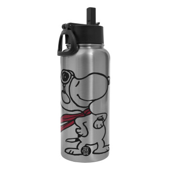 Snoopy ο πιλότος, Metal mug thermo Silver with Straw and Spout Lid (Stainless steel), double wall, 950ml