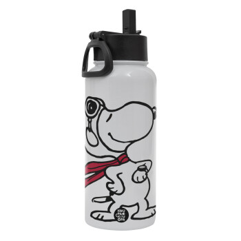 Snoopy ο πιλότος, Metal mug thermo White with Straw and Spout Lid (Stainless steel), double wall, 950ml