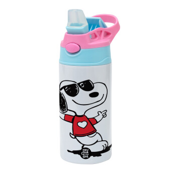 Snoopy καρδούλα, Children's hot water bottle, stainless steel, with safety straw, Pink/BlueCiel (360ml) BPA FREE