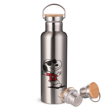 Snoopy καρδούλα, Stainless steel Silver with wooden lid (bamboo), double wall, 750ml