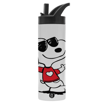 Snoopy καρδούλα, Μεταλλικό παγούρι θερμός με καλαμάκι & χειρολαβή, ανοξείδωτο ατσάλι (Stainless steel 304), διπλού τοιχώματος, 600ml