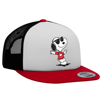 Snoopy καρδούλα, Καπέλο Ενηλίκων Foam Flat Snapback με Δίχτυ Κόκκινο-Λευκό-Μαύρο (POLYESTER, ΕΝΗΛΙΚΩΝ, UNISEX, ONE SIZE)