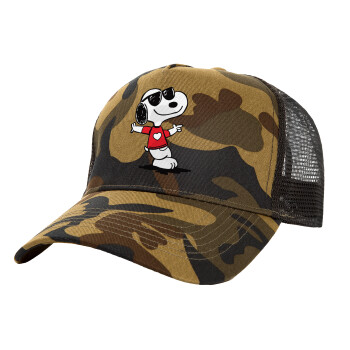 Snoopy καρδούλα, Adult Structured Trucker Hat, with Mesh, (Camouflage) Army (100% COTTON, ADULT, UNISEX, ONE SIZE)