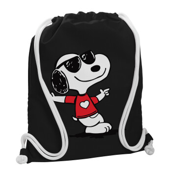 Snoopy καρδούλα, Backpack pouch GYMBAG Black, with pocket (40x48cm) & thick white cords