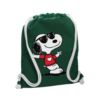 Snoopy καρδούλα, Backpack pouch GYMBAG BOTTLE GREEN, with pocket (40x48cm) & thick white cords