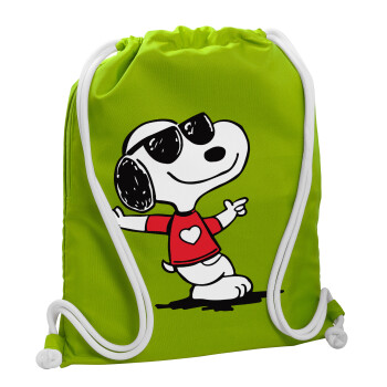 Snoopy καρδούλα, Backpack bag GYMBAG LIME GREEN, with pocket (40x48cm) & thick cords