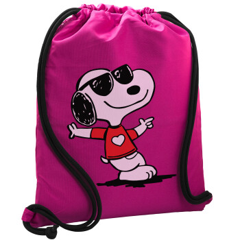 Snoopy καρδούλα, Backpack pouch GYMBAG Fuchsia, with pocket (40x48cm) & thick cords