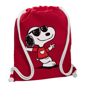 Snoopy καρδούλα, Backpack pouch GYMBAG Red, with pocket (40x48cm) & thick cords