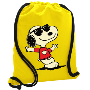 Snoopy καρδούλα, Backpack pouch GYMBAG Yellow, with pocket (40x48cm) & thick cords