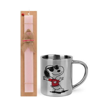 Snoopy καρδούλα, Easter Set, metallic thermal cup (300ml) & aromatic flat Easter candle (30cm) (PINK)