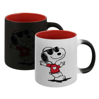 Snoopy καρδούλα, Κούπα Μαγική εσωτερικό κόκκινο, κεραμική, 330ml που αλλάζει χρώμα με το ζεστό ρόφημα (1 τεμάχιο)