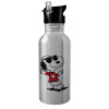 Water bottle Silver with straw, stainless steel 600ml