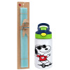 Easter Set, Children's thermal stainless steel bottle with safety straw, green/blue (350ml) & aromatic flat Easter candle (30cm) (TURQUOISE)