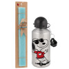 Easter Set, metallic silver aluminum water bottle (500ml) & scented flat Easter candle (30cm) (TURQUOISE)