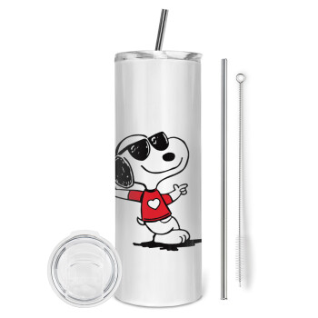 Snoopy καρδούλα, Tumbler ποτήρι θερμό από ανοξείδωτο ατσάλι 600ml, με μεταλλικό καλαμάκι & βούρτσα καθαρισμού