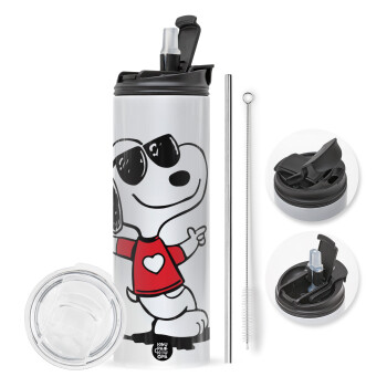 Snoopy καρδούλα, Travel Tumbler θερμό με διπλό καπάκι, μεταλλικό καλαμάκι και βούρτσα καθαρισμού (Ανωξείδωτο 304 Food grade, BPA free, 600ml)