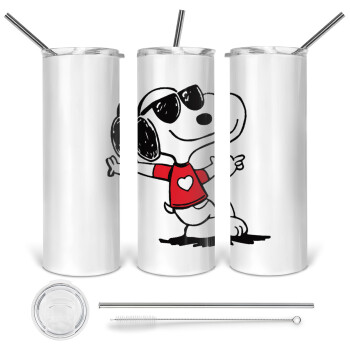 Snoopy καρδούλα, 360 Eco friendly ποτήρι θερμό (tumbler) από ανοξείδωτο ατσάλι 600ml, με μεταλλικό καλαμάκι & βούρτσα καθαρισμού