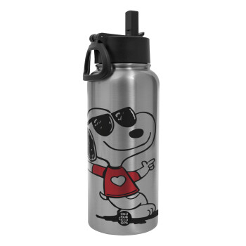 Snoopy καρδούλα, Metal mug thermo Silver with Straw and Spout Lid (Stainless steel), double wall, 950ml