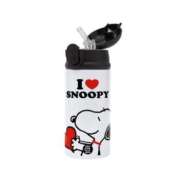 I LOVE SNOOPY, Children's hot water bottle, stainless steel, with safety straw, Black (360ml) BPA-FREE