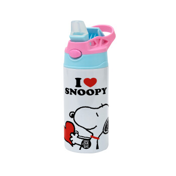 I LOVE SNOOPY, Children's hot water bottle, stainless steel, with safety straw, Pink/BlueCiel (360ml) BPA FREE