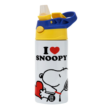 I LOVE SNOOPY, Παιδικό παγούρι θερμό, ανοξείδωτο, με καλαμάκι ασφαλείας, πράσινο/μπλε (360ml) BPA FREE