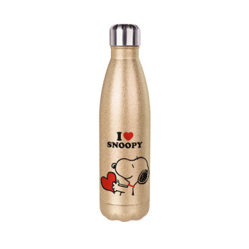 I LOVE SNOOPY, Glitter gold stainless steel thermos bottle, double-walled, 500ml