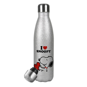 I LOVE SNOOPY, Μεταλλικό παγούρι θερμός Glitter Aσημένιο (Stainless steel), διπλού τοιχώματος, 500ml