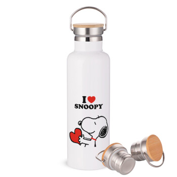 I LOVE SNOOPY, Μεταλλικό παγούρι θερμός (Stainless steel) Λευκό με ξύλινο καπακι (bamboo), διπλού τοιχώματος, 750ml