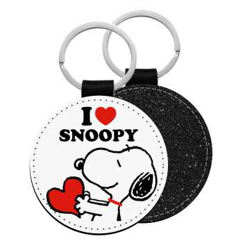 I LOVE SNOOPY, Μπρελόκ Δερματίνη, στρογγυλό ΜΑΥΡΟ (5cm)