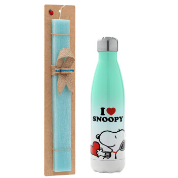 I LOVE SNOOPY, Easter Set, Metallic green/white thermos (Stainless steel), double-walled, 500ml & scented flat Easter candle (30cm) (TURQUOISE)