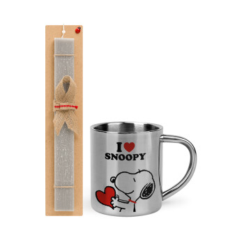 I LOVE SNOOPY, Πασχαλινό Σετ, μεταλλική κούπα θερμό (300ml) & πασχαλινή λαμπάδα αρωματική πλακέ (30cm) (ΓΚΡΙ)