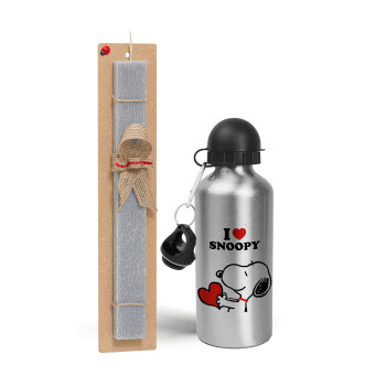 I LOVE SNOOPY, Easter Set, metallic silver aluminum water bottle (500ml) & aromatic flat Easter candle (30cm) (GRAY)