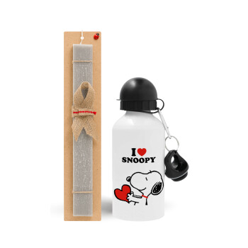 I LOVE SNOOPY, Easter Set, metallic aluminum water bottle (500ml) & aromatic flat Easter candle (30cm) (GRAY)