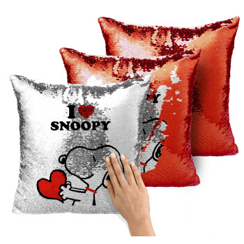 I LOVE SNOOPY, Μαξιλάρι καναπέ Μαγικό Κόκκινο με πούλιες 40x40cm περιέχεται το γέμισμα