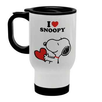 I LOVE SNOOPY, Stainless steel travel mug with lid, double wall white 450ml