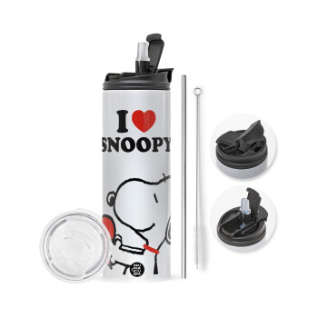 I LOVE SNOOPY, Travel Tumbler θερμό με διπλό καπάκι, μεταλλικό καλαμάκι και βούρτσα καθαρισμού (Ανωξείδωτο 304 Food grade, BPA free, 600ml)