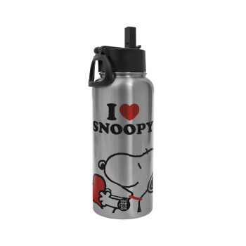 I LOVE SNOOPY, Metal mug thermo Silver with Straw and Spout Lid (Stainless steel), double wall, 950ml