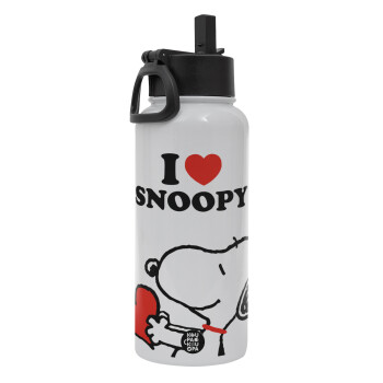 I LOVE SNOOPY, Μεταλλικό παγούρι θερμός Λευκό με καλαμάκι και χερούλι (Stainless steel), διπλού τοιχώματος, 950ml