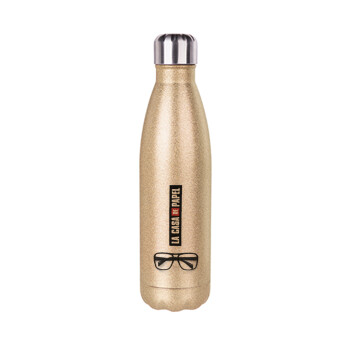 la professor, γυαλιά, Glitter gold stainless steel thermos bottle, double-walled, 500ml