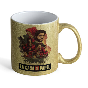 La casa de papel drawing cover, Κούπα Χρυσή Glitter που γυαλίζει, κεραμική, 330ml