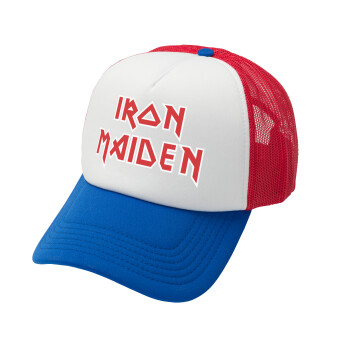 Iron maiden, Adult Soft Trucker Hat with Red/Blue/White Mesh (POLYESTER, ADULT, UNISEX, ONE SIZE)